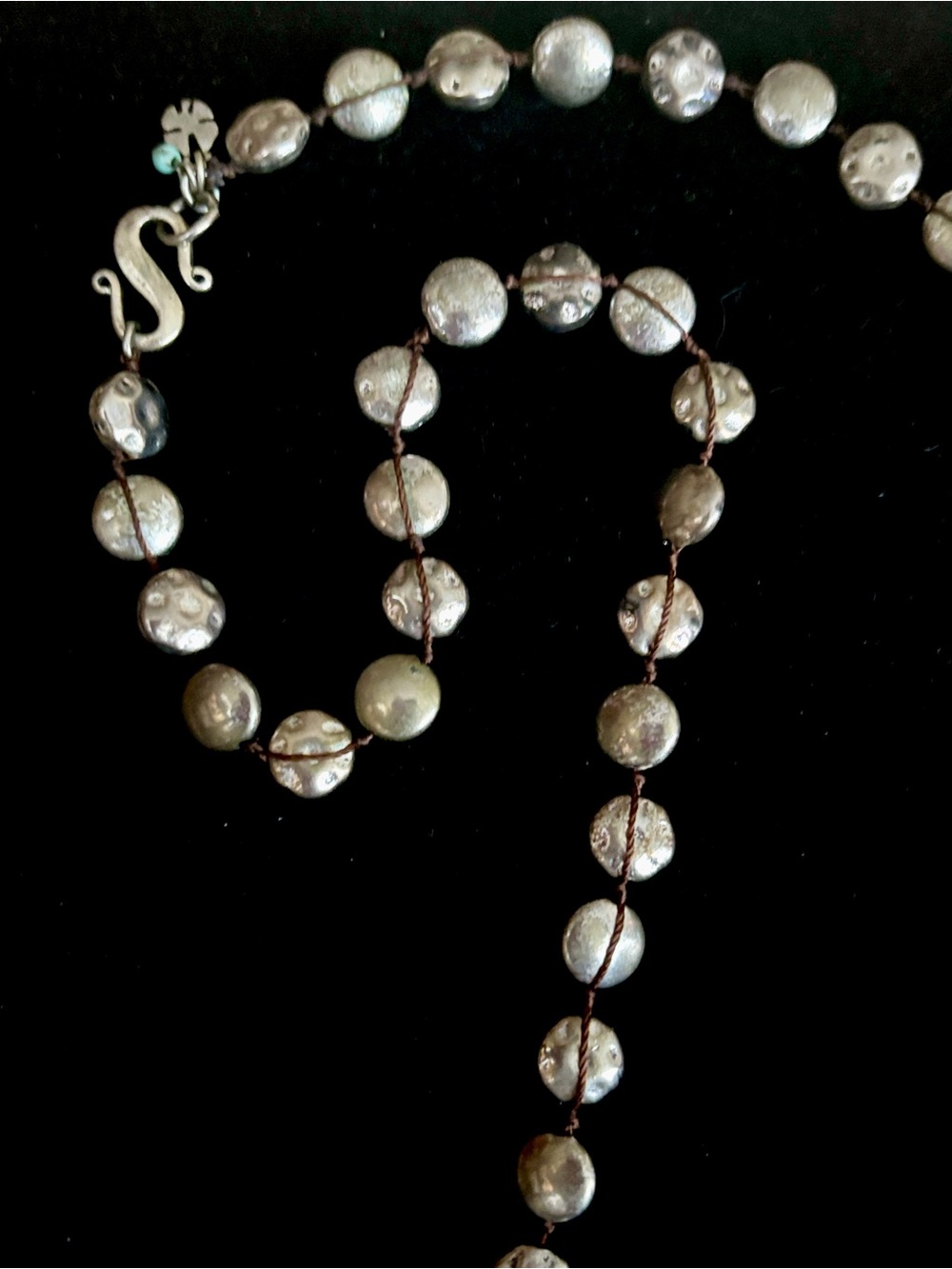 Lucky Brand Hammered Silver Disc Bead Corded Necklace with Turquoise Nugget 36” - Picture 4 of 9